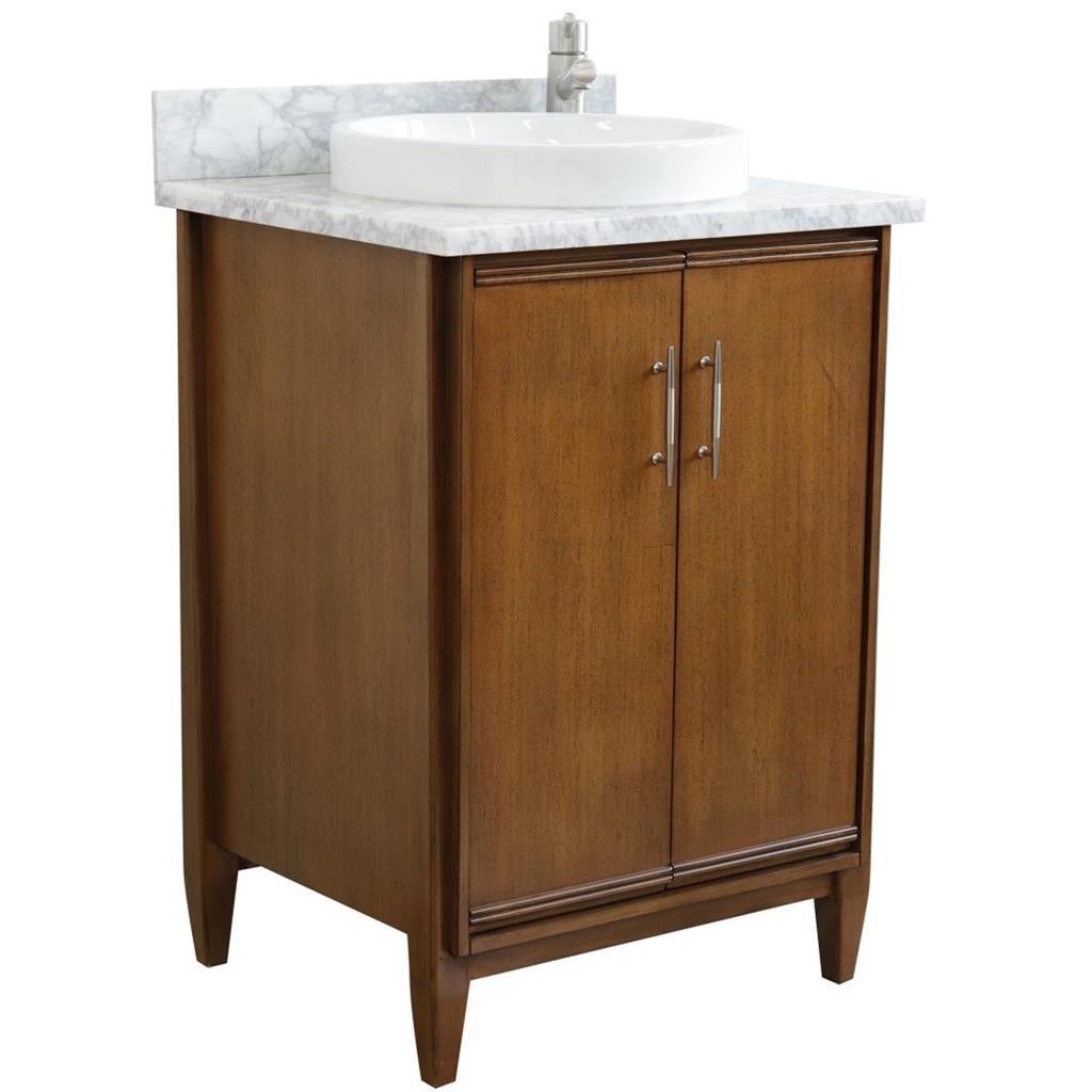 Bellaterra MCM 25" Single Vanity, Walnut, White Carrara Marble Top/Round Sink