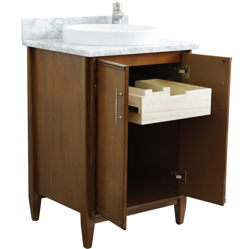 Bellaterra MCM 25" Single Vanity, Walnut, White Carrara Marble Top/Round Sink