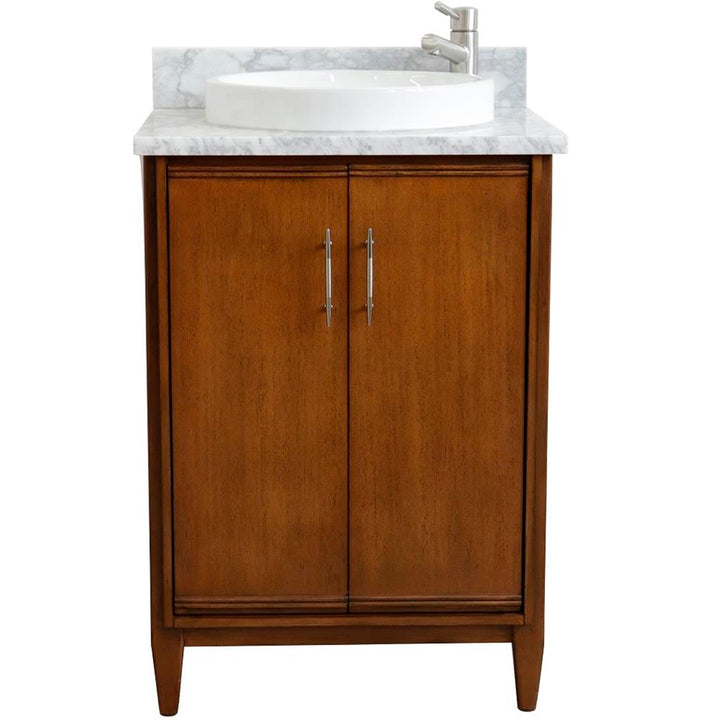 Bellaterra MCM 25" Single Vanity, Walnut, White Carrara Marble Top/Round Sink