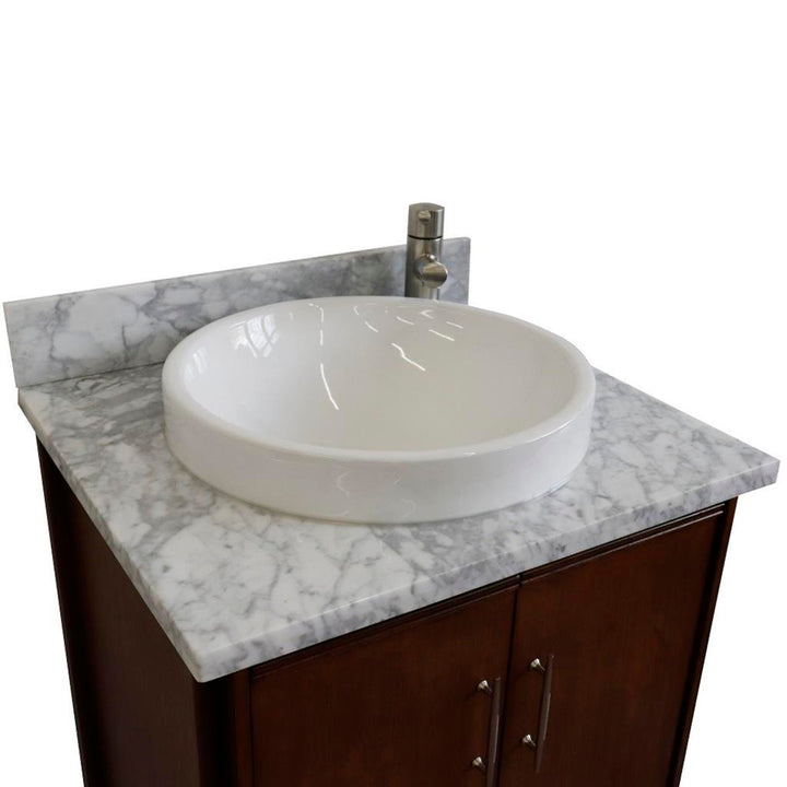 Bellaterra MCM 25" Single Vanity, Walnut, White Carrara Marble Top/Round Sink