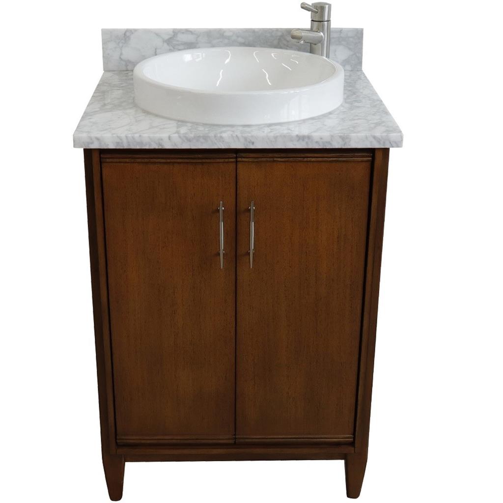 Bellaterra MCM 25" Single Vanity, Walnut, White Carrara Marble Top/Round Sink