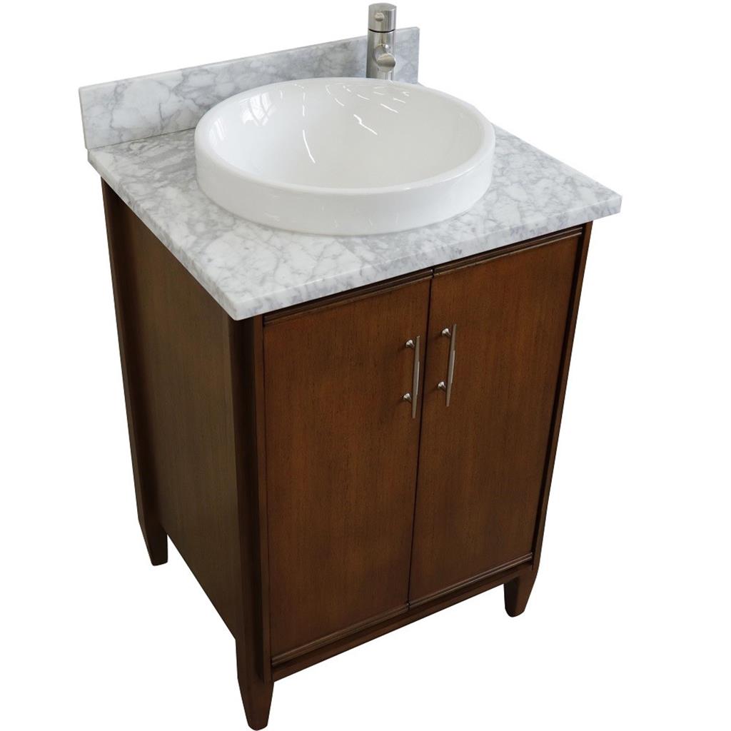 Bellaterra MCM 25" Single Vanity, Walnut, White Carrara Marble Top/Round Sink