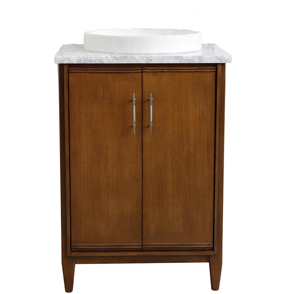 Bellaterra MCM 25" Single Vanity, Walnut, White Carrara Marble Top/Round Sink