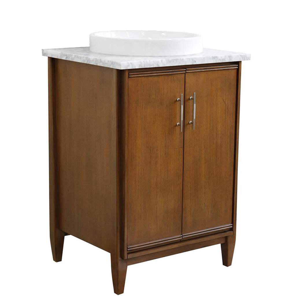 Bellaterra MCM 25" Single Vanity, Walnut, White Carrara Marble Top/Round Sink