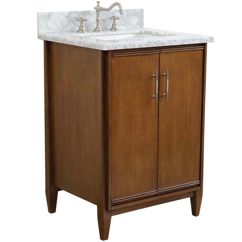 Bellaterra MCM 25" Single Vanity, Walnut, White Carrara Marble Top/Rectangle Sink