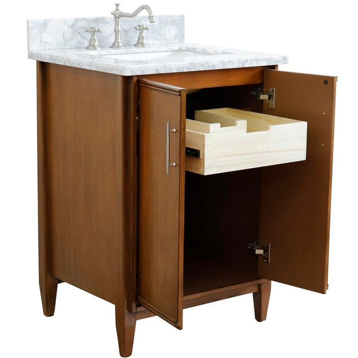 Bellaterra MCM 25" Single Vanity, Walnut, White Carrara Marble Top/Rectangle Sink