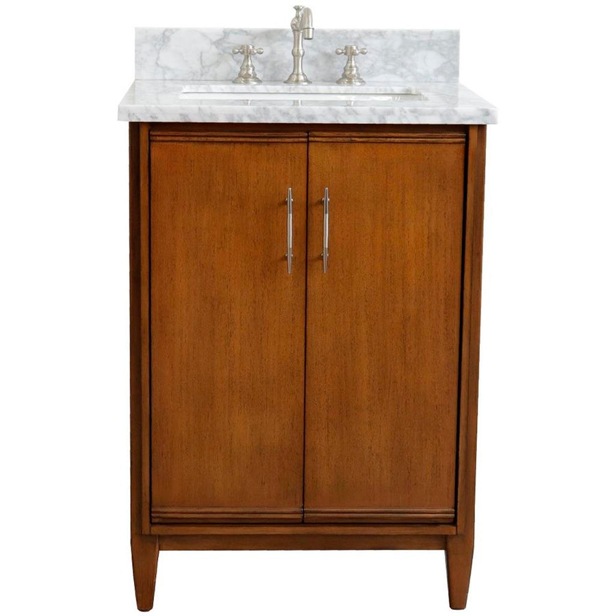 Bellaterra MCM 25" Single Vanity, Walnut, White Carrara Marble Top/Rectangle Sink