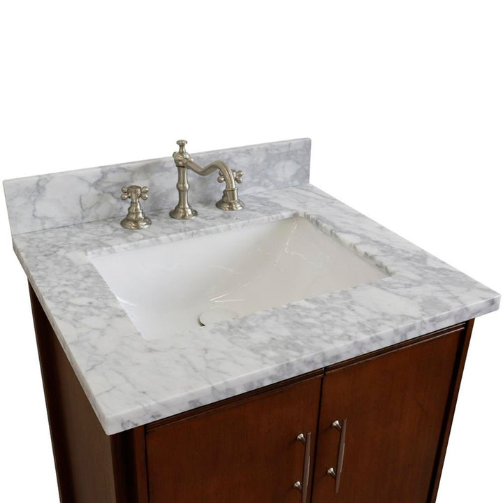 Bellaterra MCM 25" Single Vanity, Walnut, White Carrara Marble Top/Rectangle Sink