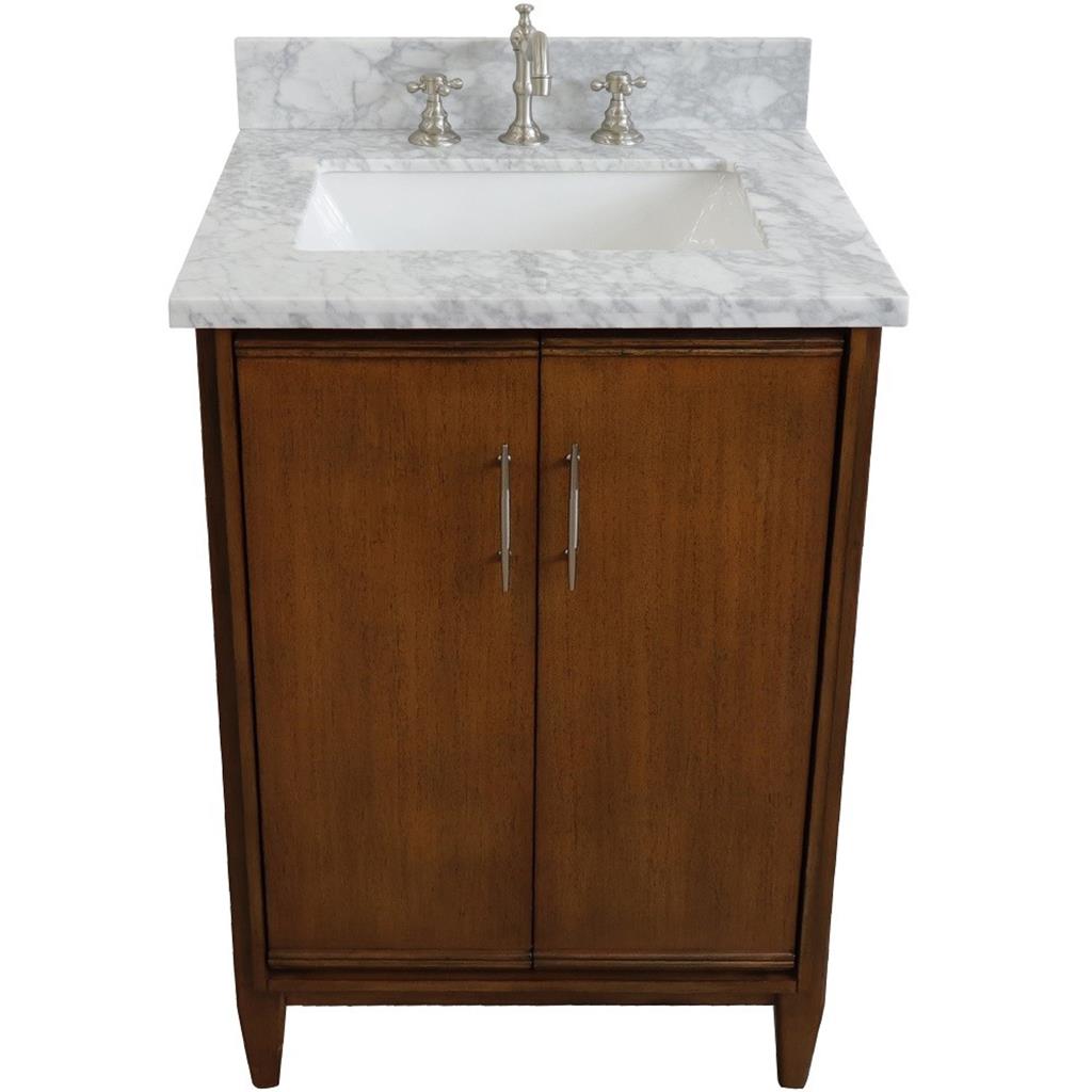 Bellaterra MCM 25" Single Vanity, Walnut, White Carrara Marble Top/Rectangle Sink