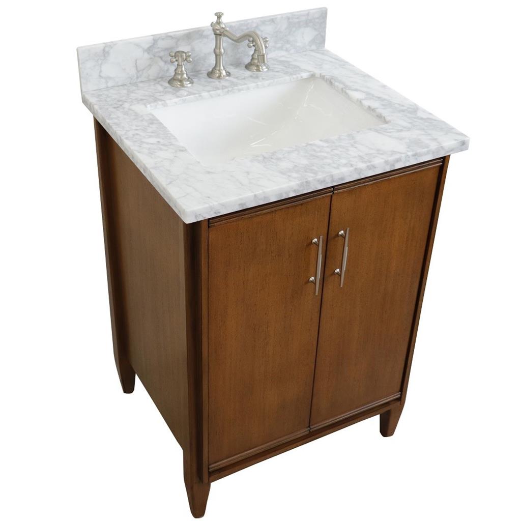 Bellaterra MCM 25" Single Vanity, Walnut, White Carrara Marble Top/Rectangle Sink