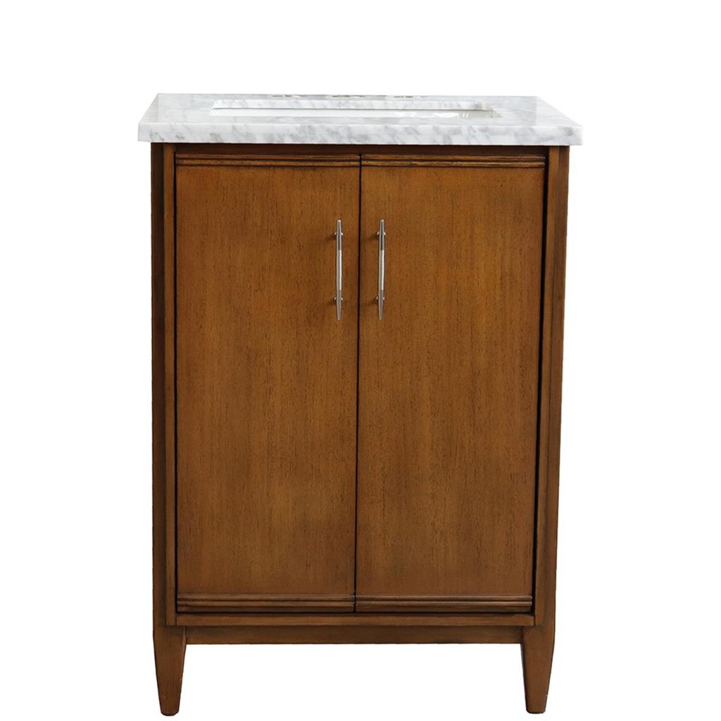 Bellaterra MCM 25" Single Vanity, Walnut, White Carrara Marble Top/Rectangle Sink