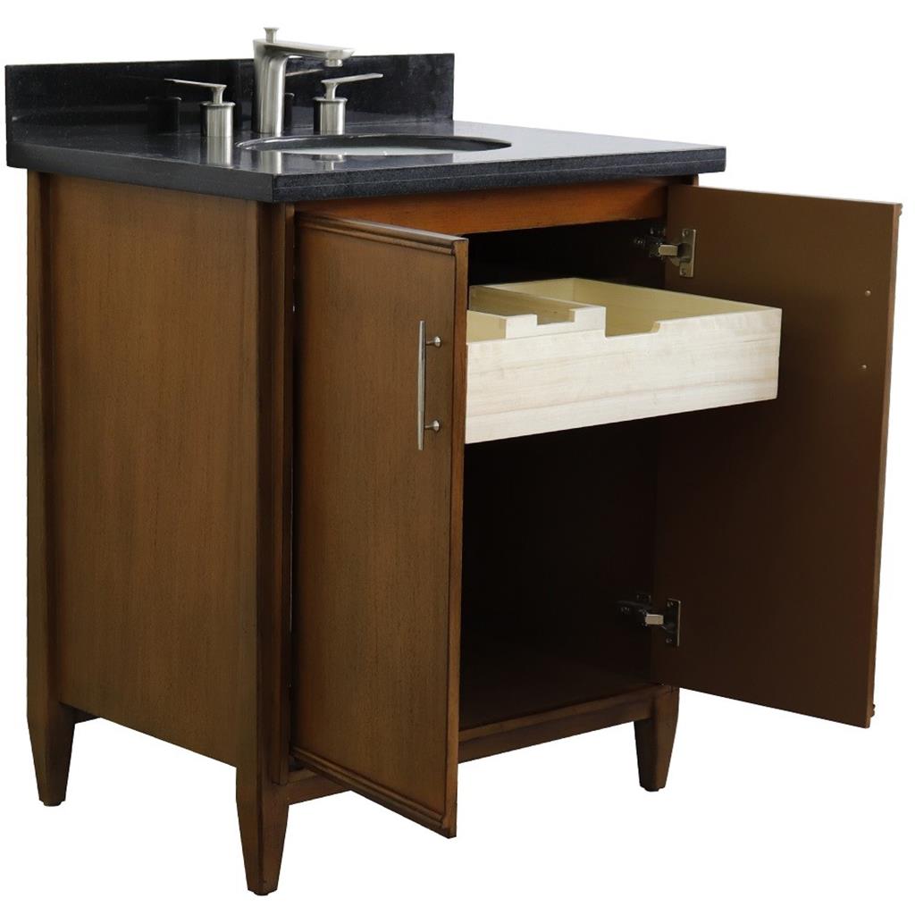 Bellaterra MCM 31" Single Vanity, Walnut, Black Galaxy Granite Top/Oval Sink