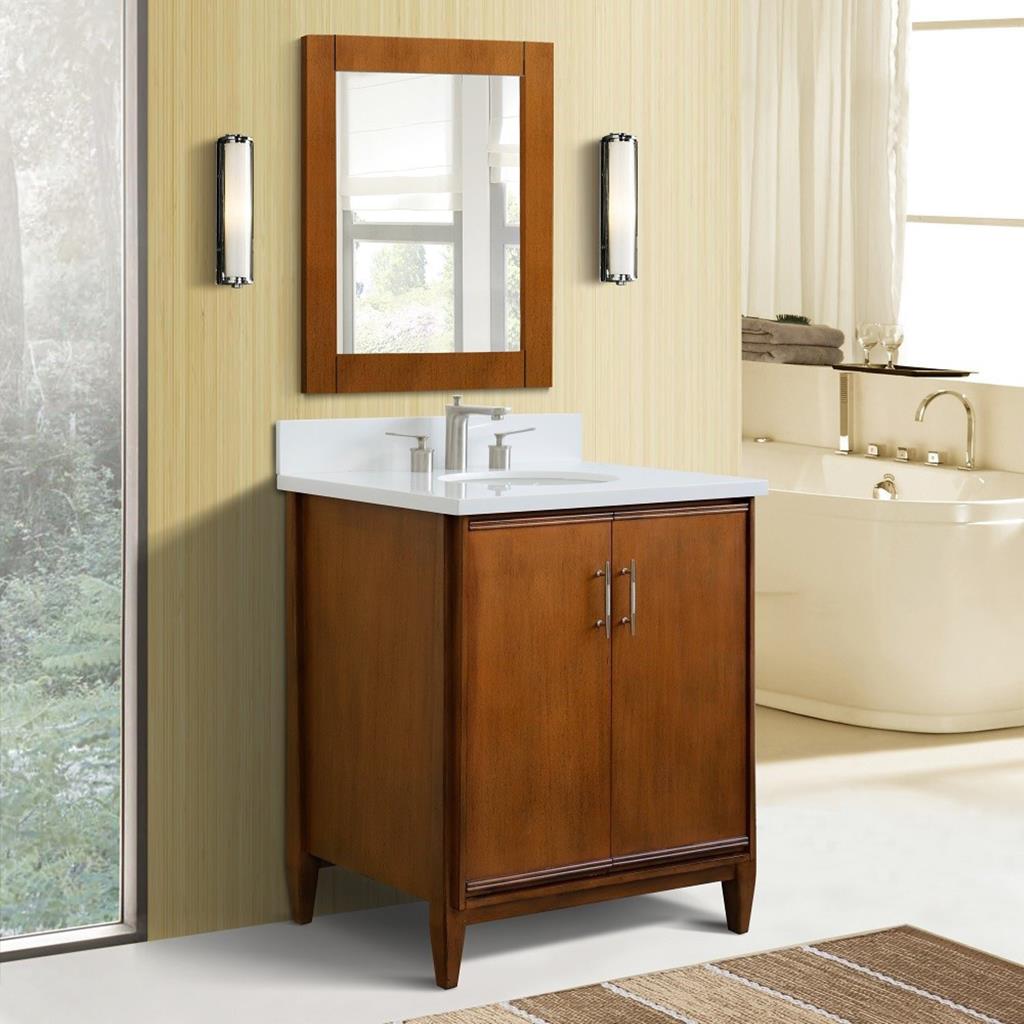 Bellaterra MCM 31" Single Vanity, Walnut, White Quartz Top/Oval Sink