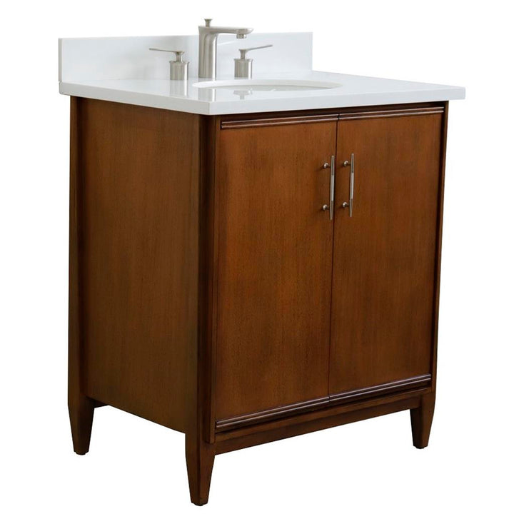 Bellaterra MCM 31" Single Vanity, Walnut, White Quartz Top/Oval Sink