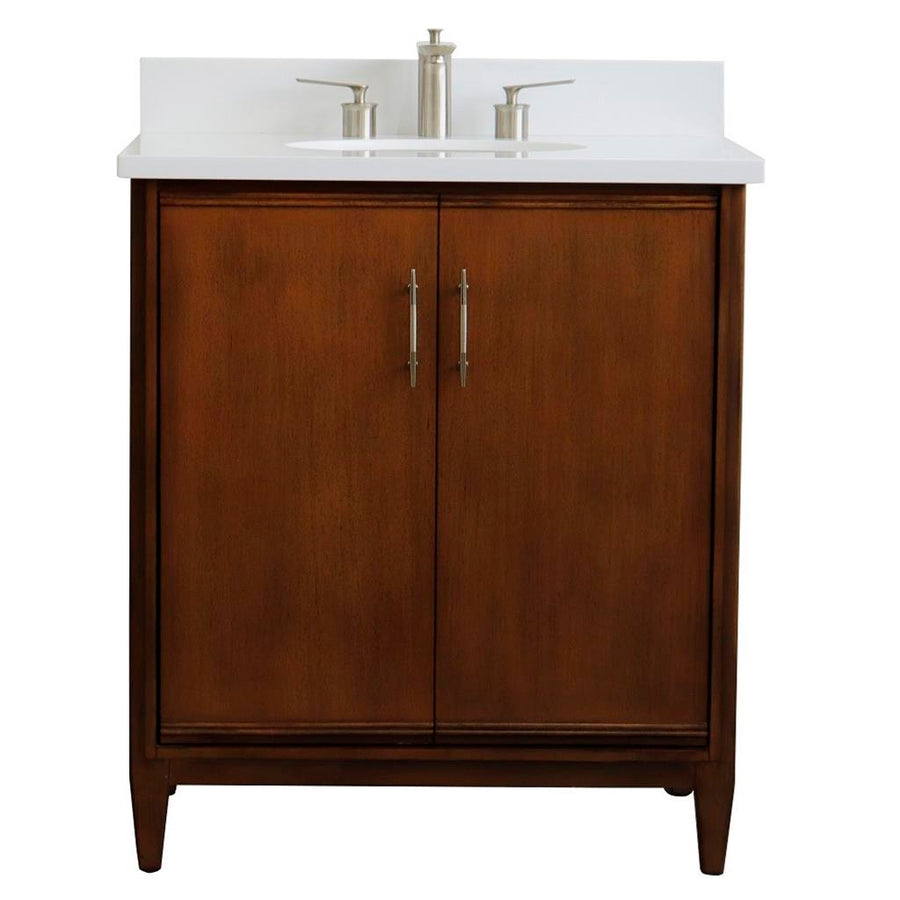 Bellaterra MCM 31" Single Vanity, Walnut, White Quartz Top/Oval Sink