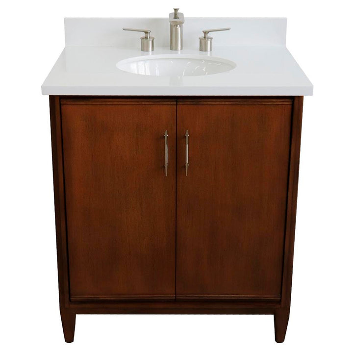 Bellaterra MCM 31" Single Vanity, Walnut, White Quartz Top/Oval Sink