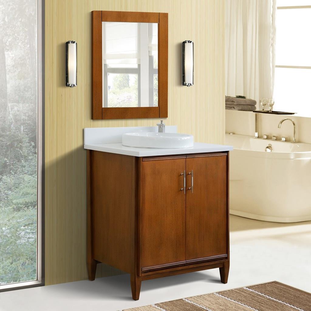 Bellaterra MCM 31" Single Vanity, Walnut, White Quartz Top/Round Sink