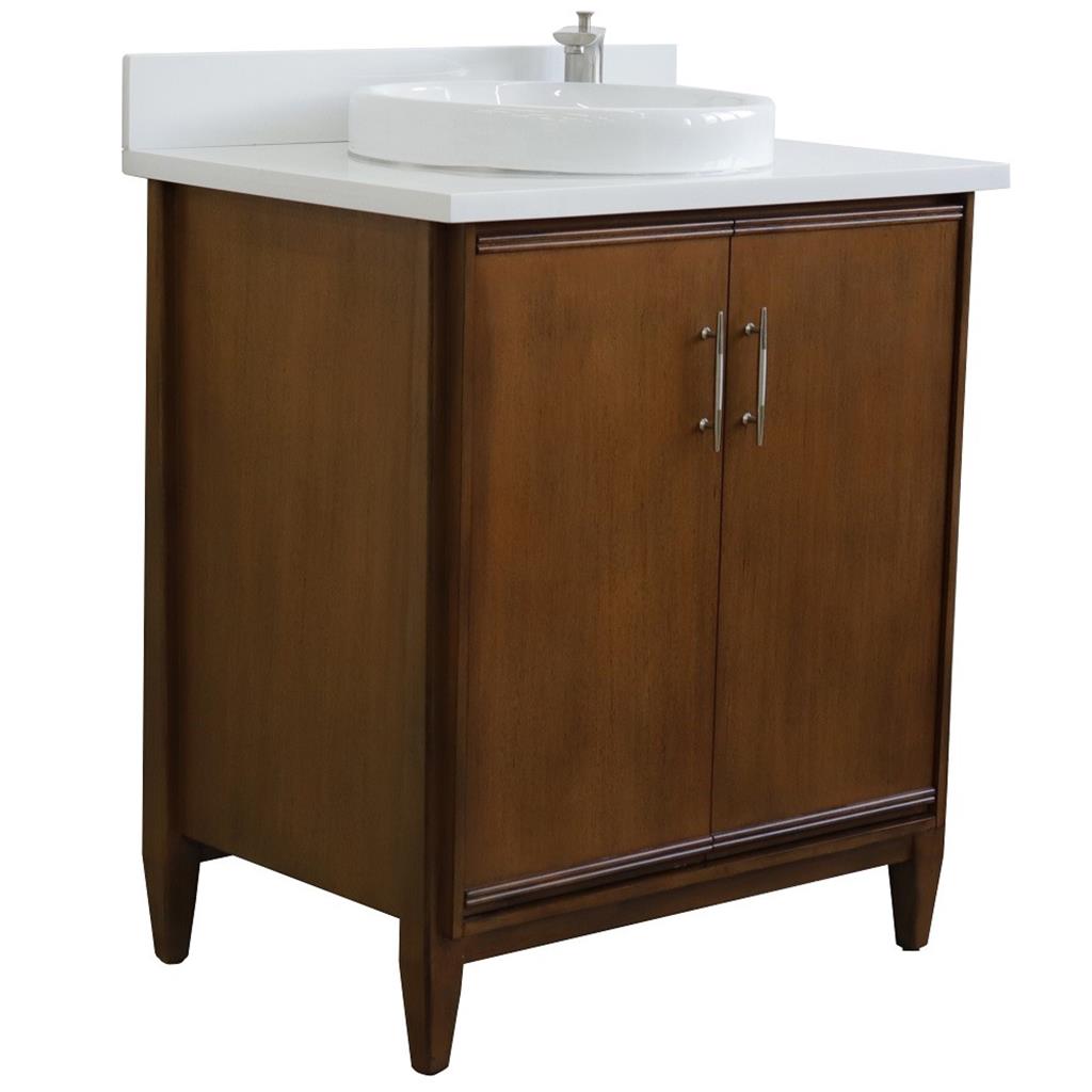 Bellaterra MCM 31" Single Vanity, Walnut, White Quartz Top/Round Sink