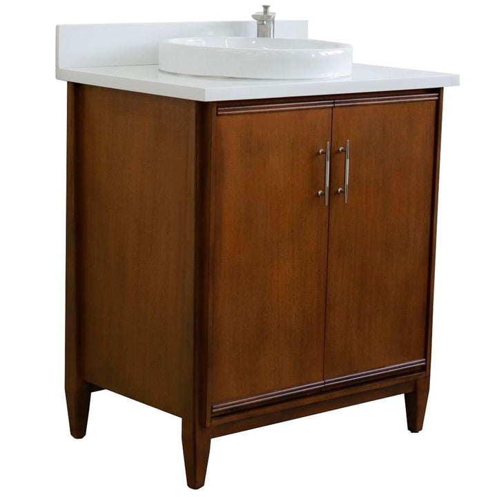 Bellaterra MCM 31" Single Vanity, Walnut, White Quartz Top/Round Sink