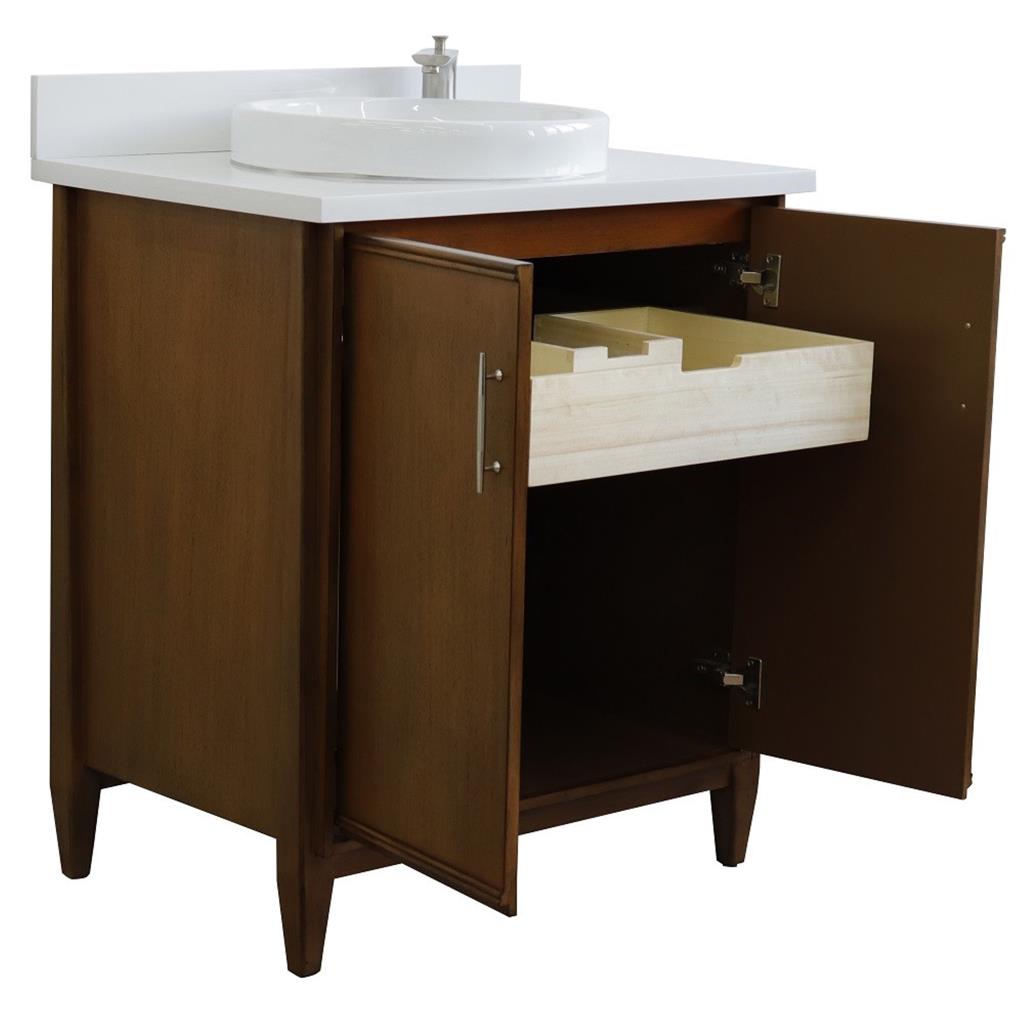 Bellaterra MCM 31" Single Vanity, Walnut, White Quartz Top/Round Sink