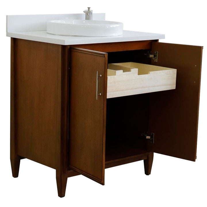 Bellaterra MCM 31" Single Vanity, Walnut, White Quartz Top/Round Sink