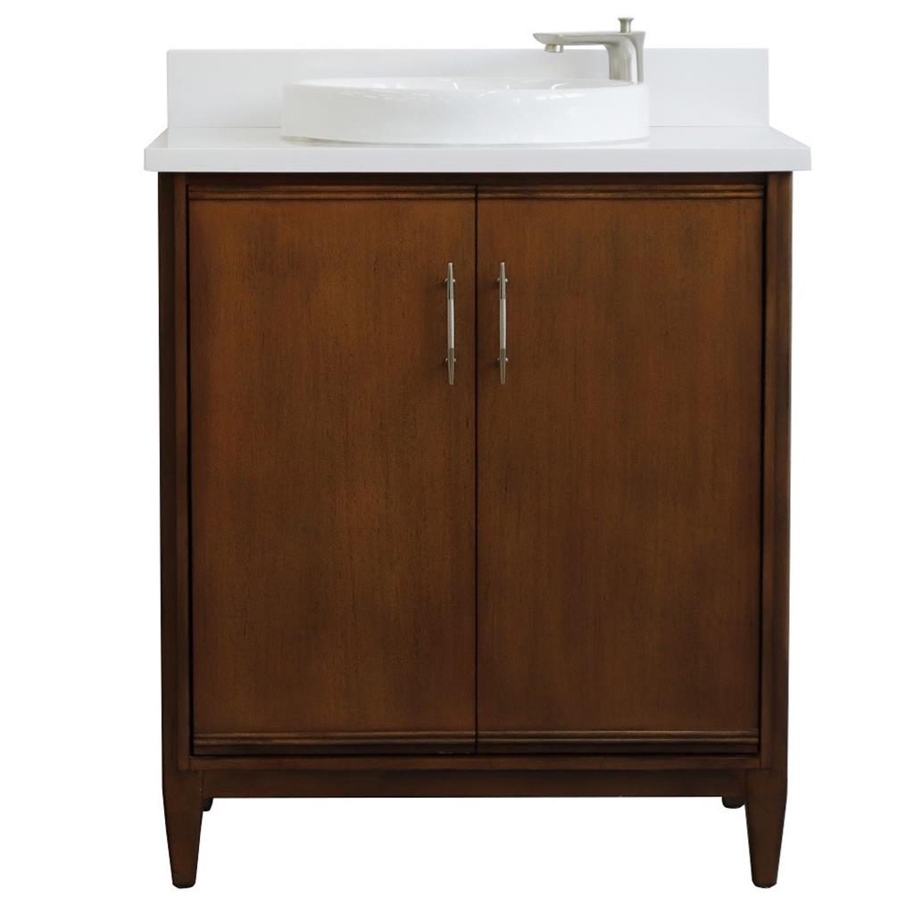 Bellaterra MCM 31" Single Vanity, Walnut, White Quartz Top/Round Sink