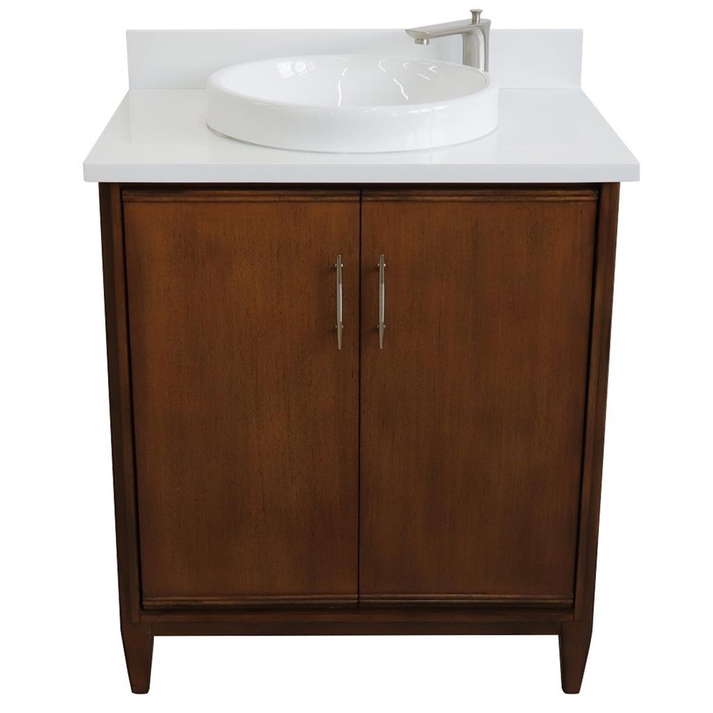 Bellaterra MCM 31" Single Vanity, Walnut, White Quartz Top/Round Sink