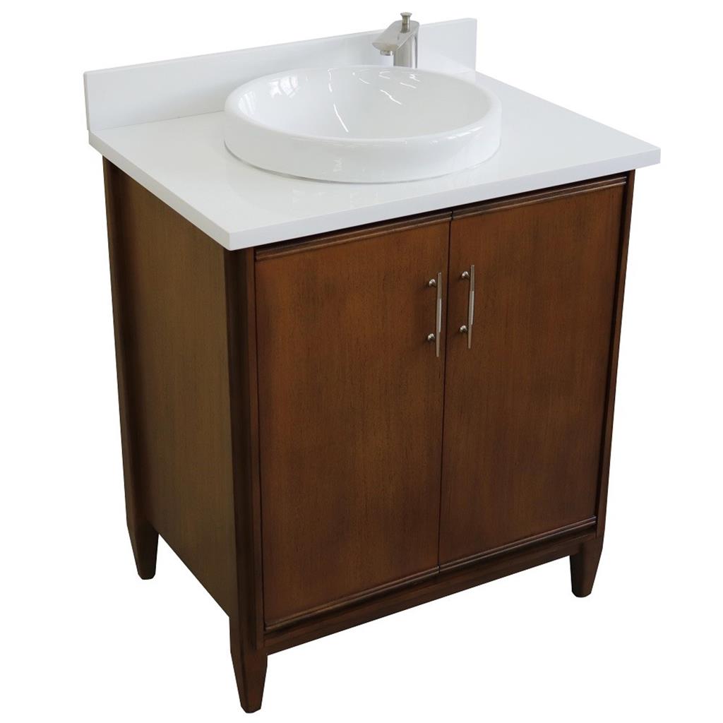 Bellaterra MCM 31" Single Vanity, Walnut, White Quartz Top/Round Sink