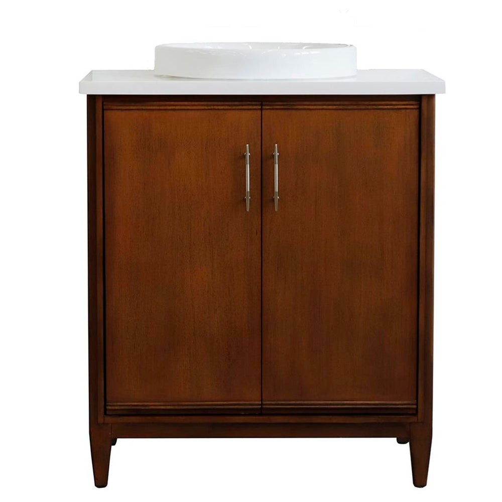 Bellaterra MCM 31" Single Vanity, Walnut, White Quartz Top/Round Sink