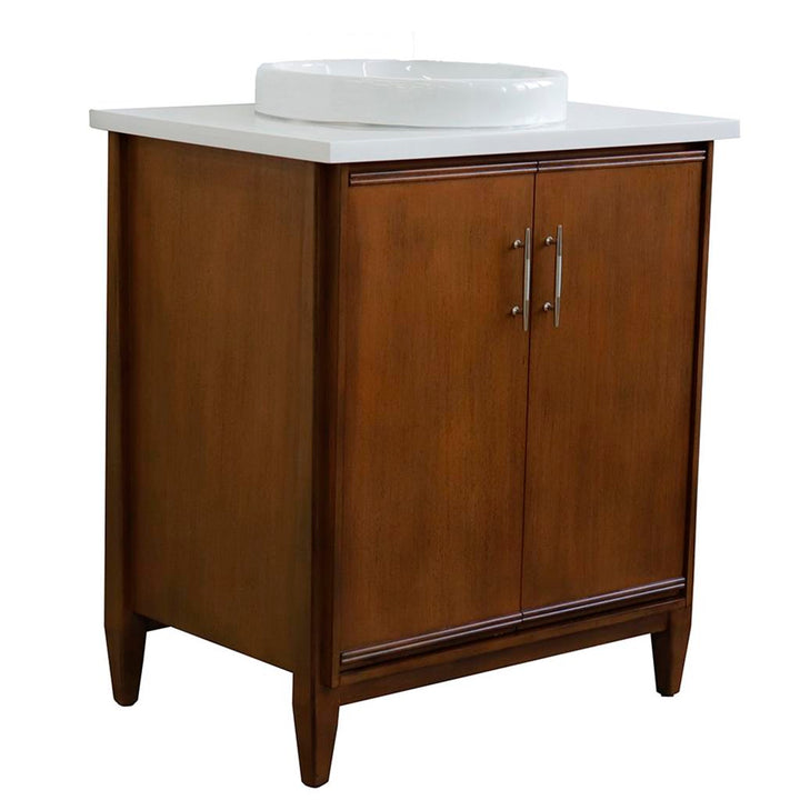 Bellaterra MCM 31" Single Vanity, Walnut, White Quartz Top/Round Sink