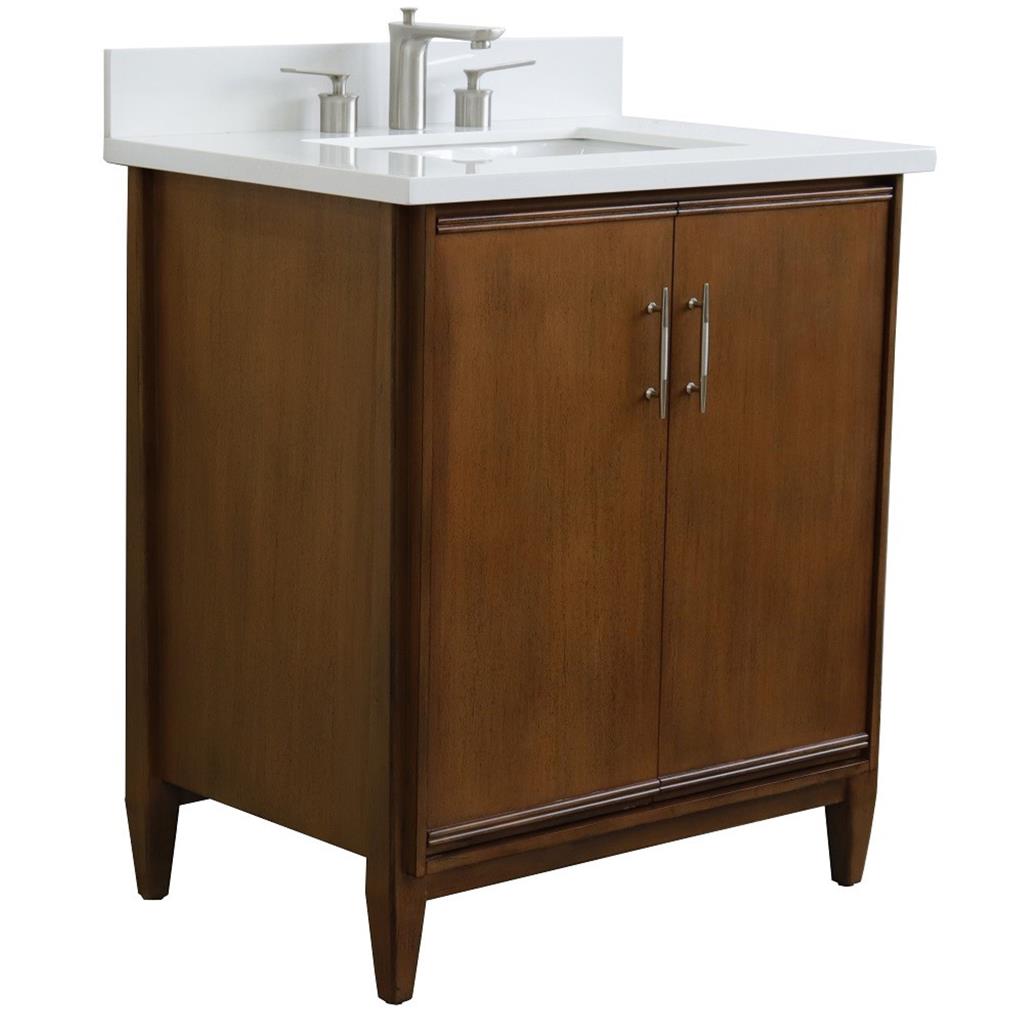 Bellaterra MCM 31" Single Vanity, Walnut, White Quartz Top/Rectangle Sink