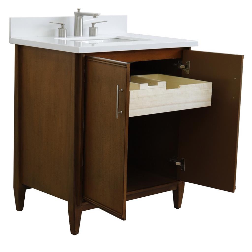 Bellaterra MCM 31" Single Vanity, Walnut, White Quartz Top/Rectangle Sink