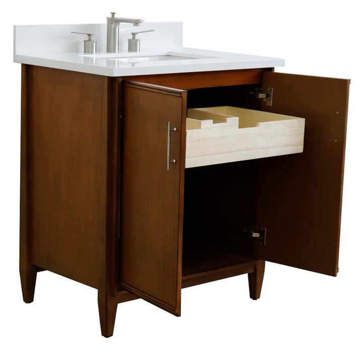 Bellaterra MCM 31" Single Vanity, Walnut, White Quartz Top/Rectangle Sink