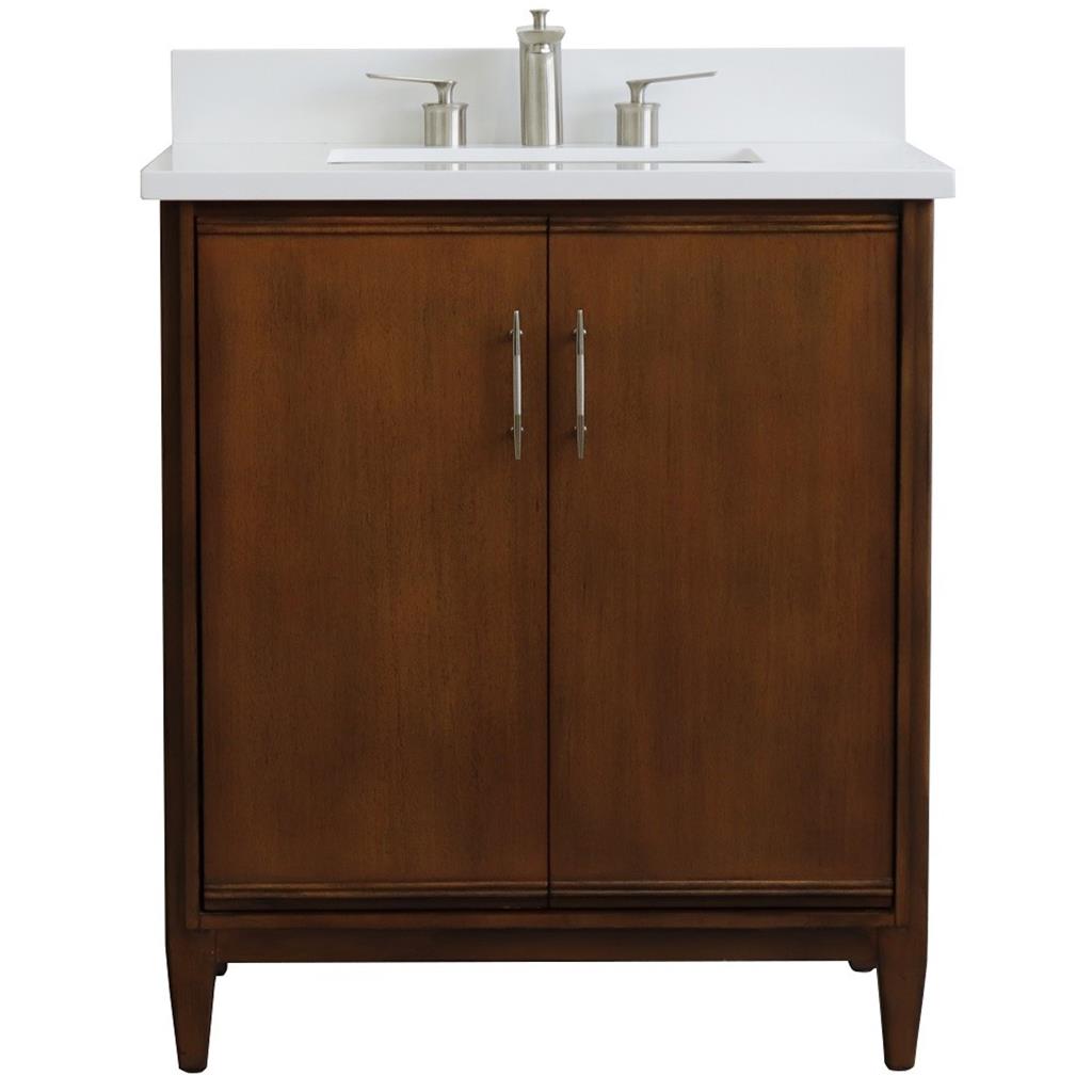 Bellaterra MCM 31" Single Vanity, Walnut, White Quartz Top/Rectangle Sink