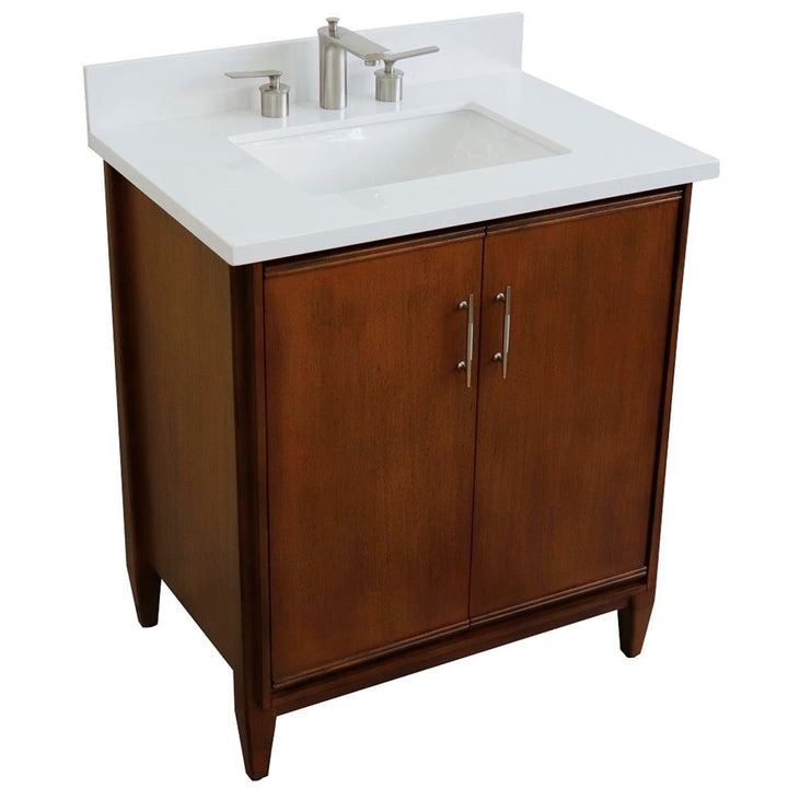 Bellaterra MCM 31" Single Vanity, Walnut, White Quartz Top/Rectangle Sink