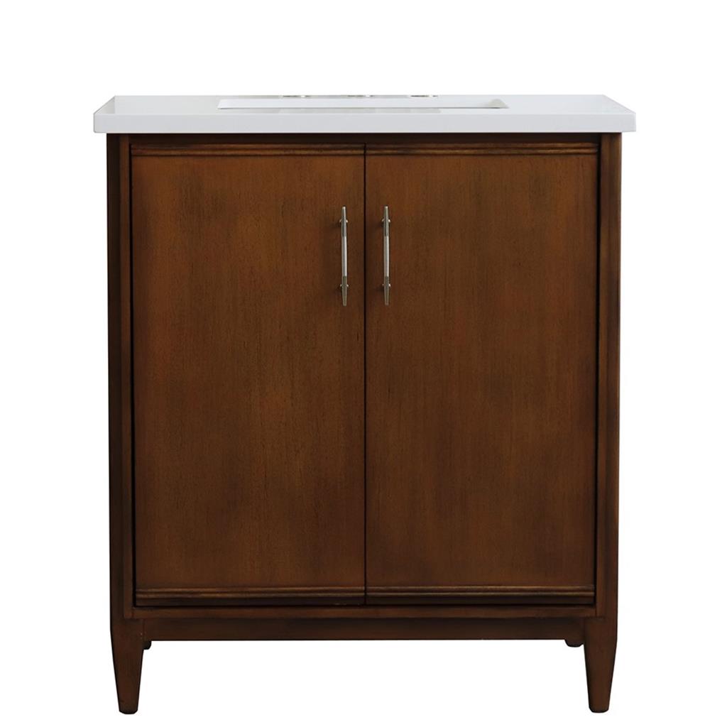 Bellaterra MCM 31" Single Vanity, Walnut, White Quartz Top/Rectangle Sink