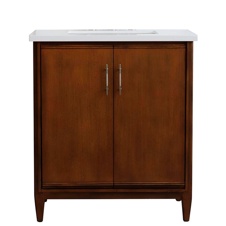 Bellaterra MCM 31" Single Vanity, Walnut, White Quartz Top/Rectangle Sink