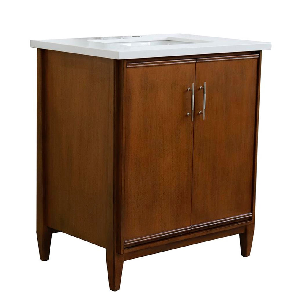 Bellaterra MCM 31" Single Vanity, Walnut, White Quartz Top/Rectangle Sink