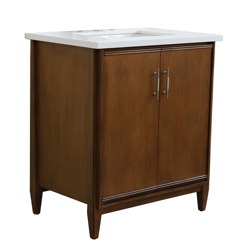 Bellaterra MCM 31" Single Vanity, Walnut, White Quartz Top/Rectangle Sink