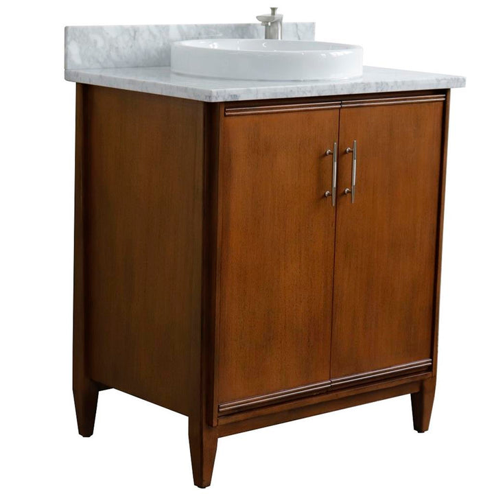 Bellaterra MCM 31" Single Vanity, Walnut, White Carrara Marble Top/Round Sink