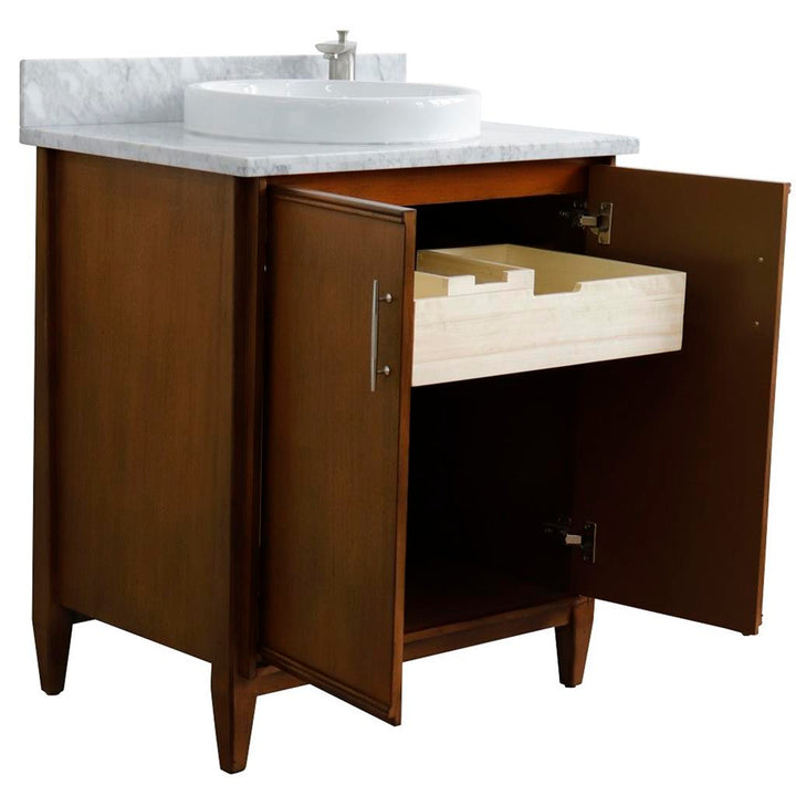 Bellaterra MCM 31" Single Vanity, Walnut, White Carrara Marble Top/Round Sink