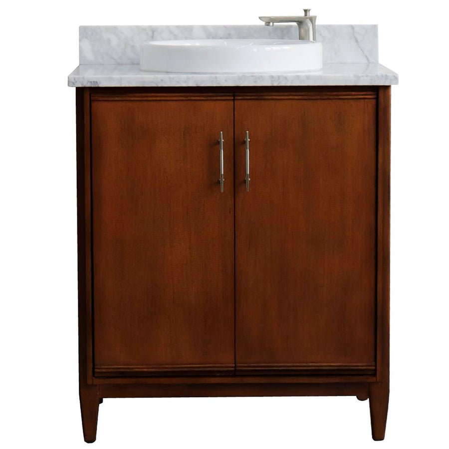 Bellaterra MCM 31" Single Vanity, Walnut, White Carrara Marble Top/Round Sink