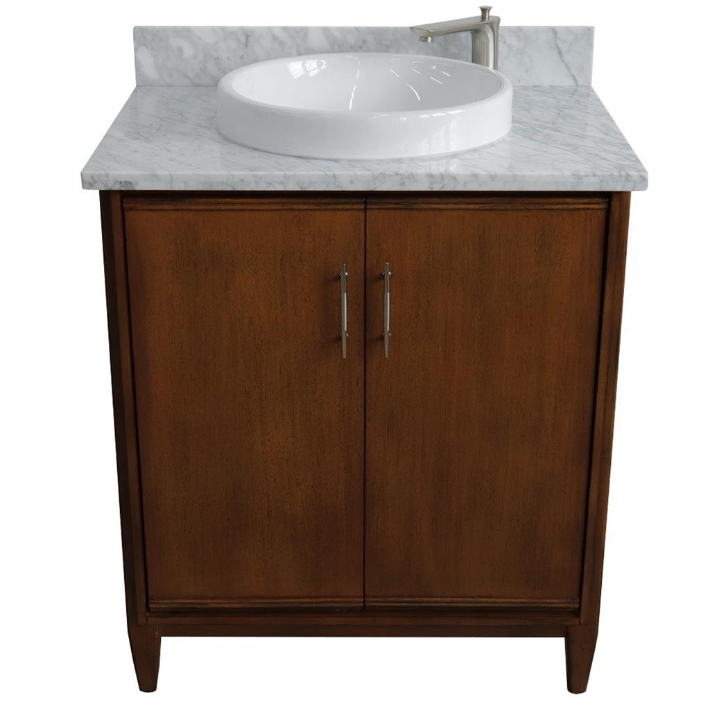 Bellaterra MCM 31" Single Vanity, Walnut, White Carrara Marble Top/Round Sink