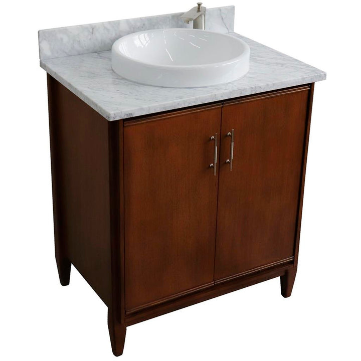 Bellaterra MCM 31" Single Vanity, Walnut, White Carrara Marble Top/Round Sink