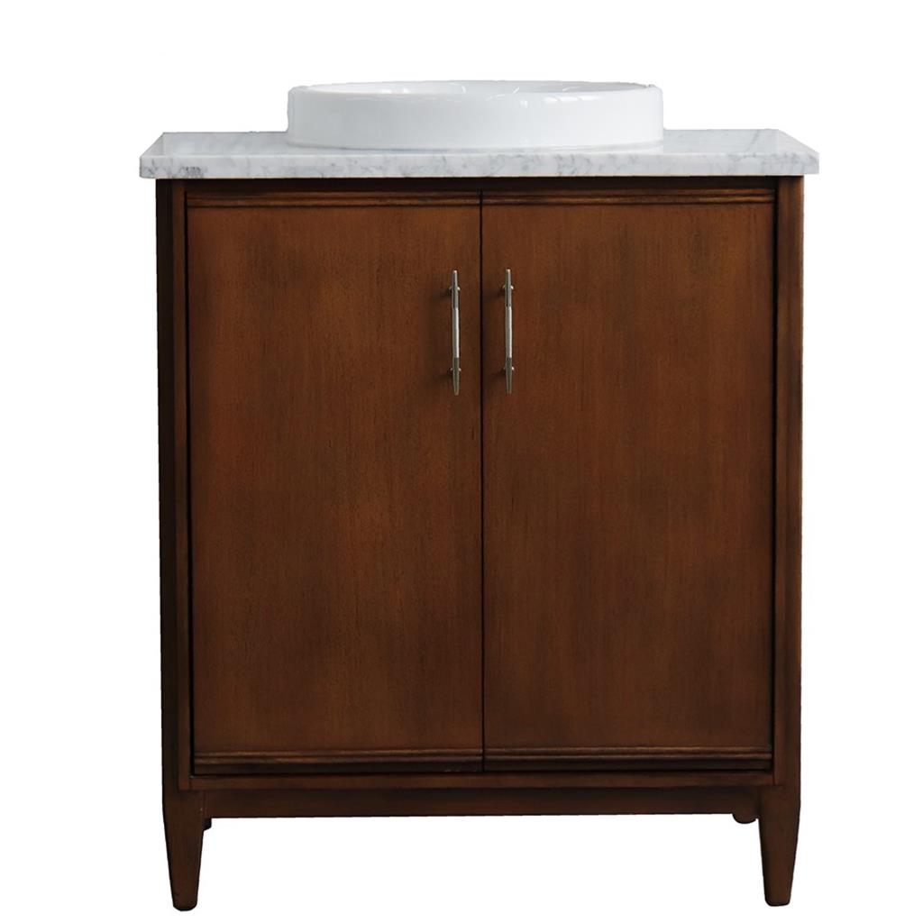 Bellaterra MCM 31" Single Vanity, Walnut, White Carrara Marble Top/Round Sink