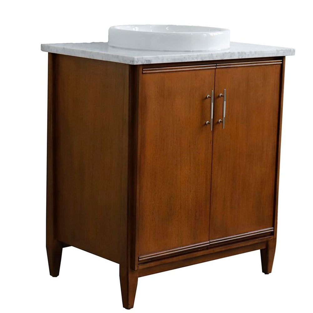 Bellaterra MCM 31" Single Vanity, Walnut, White Carrara Marble Top/Round Sink