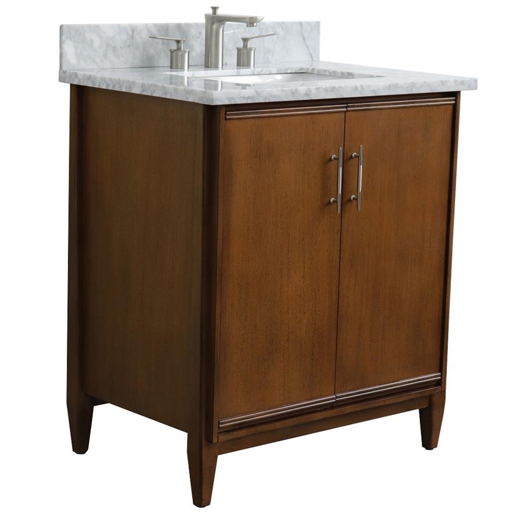 Bellaterra MCM 31" Single Vanity, Walnut, White Carrara Marble Top/Rectangle Sink