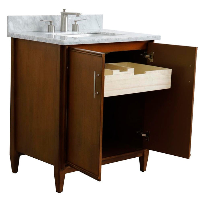 Bellaterra MCM 31" Single Vanity, Walnut, White Carrara Marble Top/Rectangle Sink