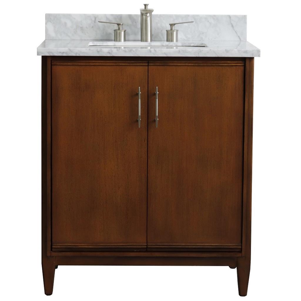 Bellaterra MCM 31" Single Vanity, Walnut, White Carrara Marble Top/Rectangle Sink