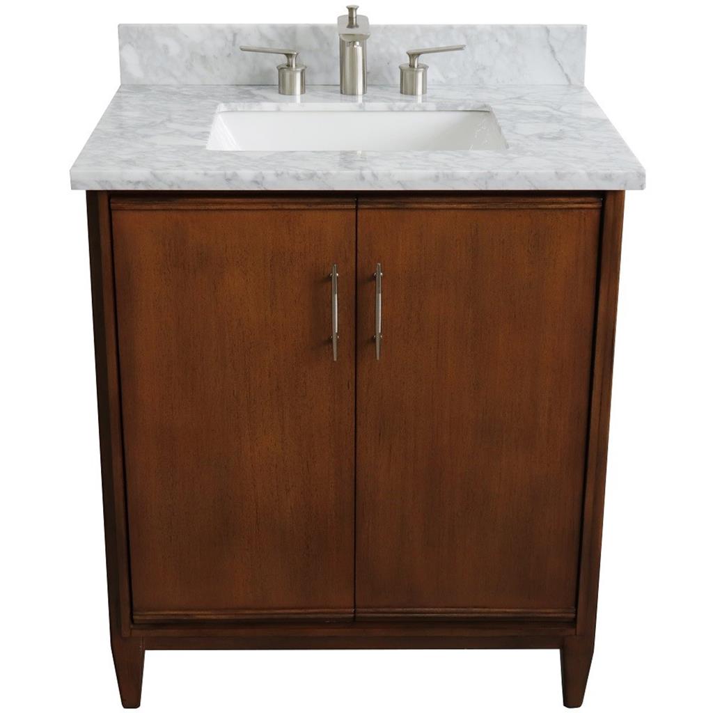 Bellaterra MCM 31" Single Vanity, Walnut, White Carrara Marble Top/Rectangle Sink